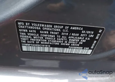 2013 Volkswagen Passat 2.5L Se из США, поврежденный, VIN 1VWBP7A3XDC101912